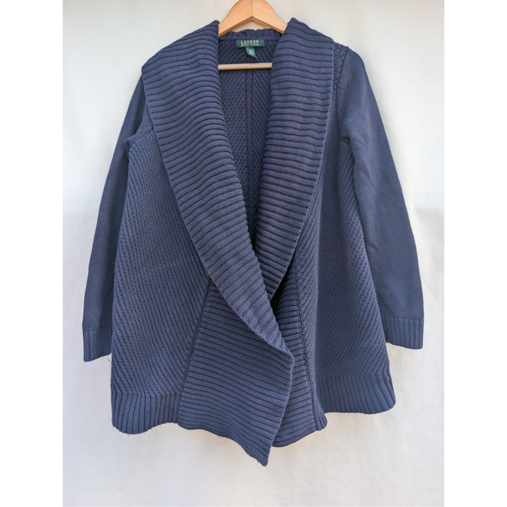 Lauren Ralph Lauren Navy Blue Ribbed Shawl Collar Open Front Cardigan XL Cotton